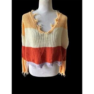 Derek Heart Stripe Grunge Raw Edge Shredded Rib Sweater Off Shoulder Crop Pastel